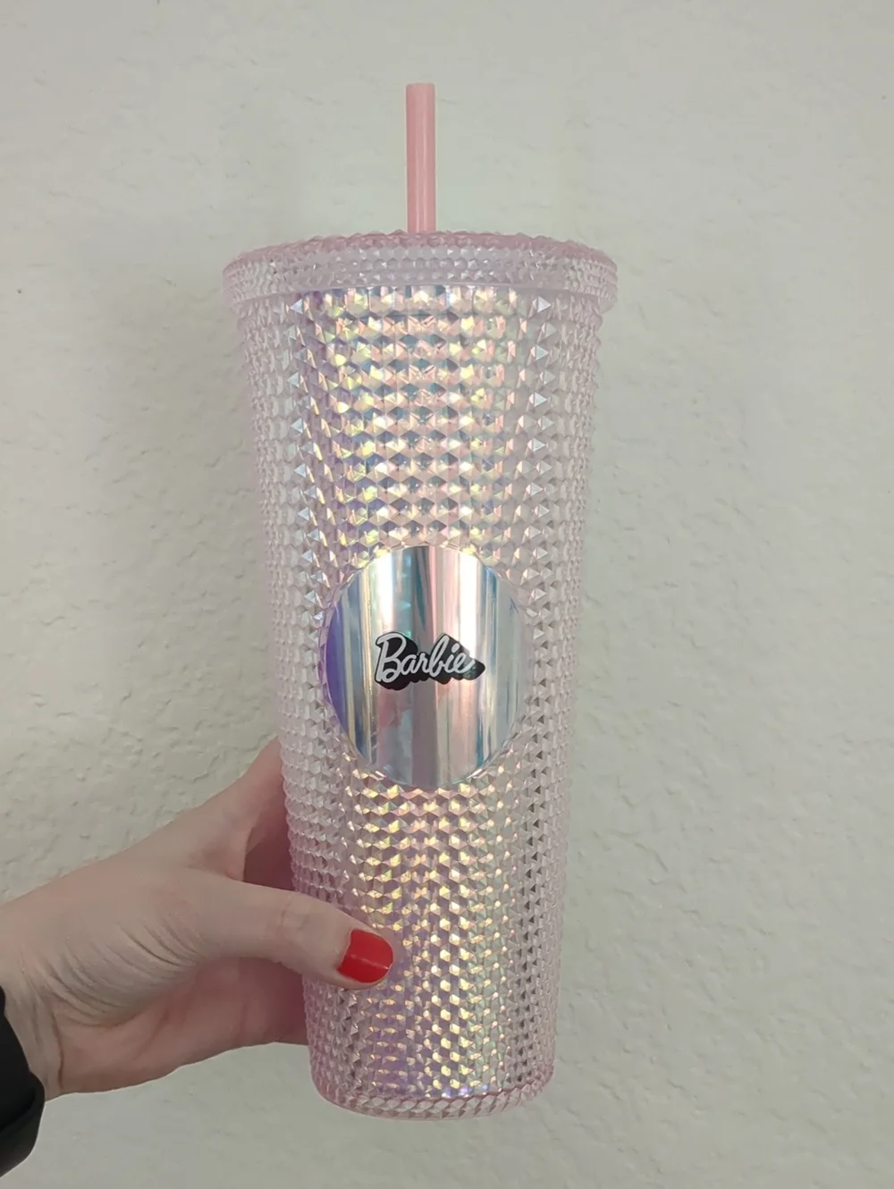 NWOT Barbie Iridescent Studded Pink Tumbler with Pink Straw